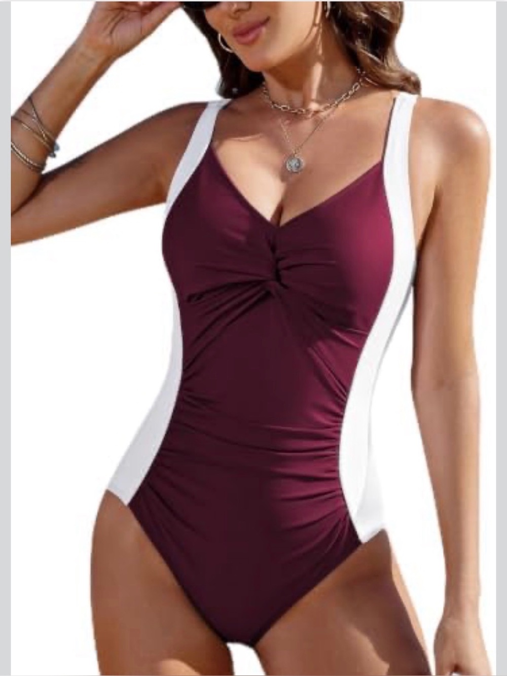 0159: Twist-Front Burgundy and White One-Piece Swimsuit